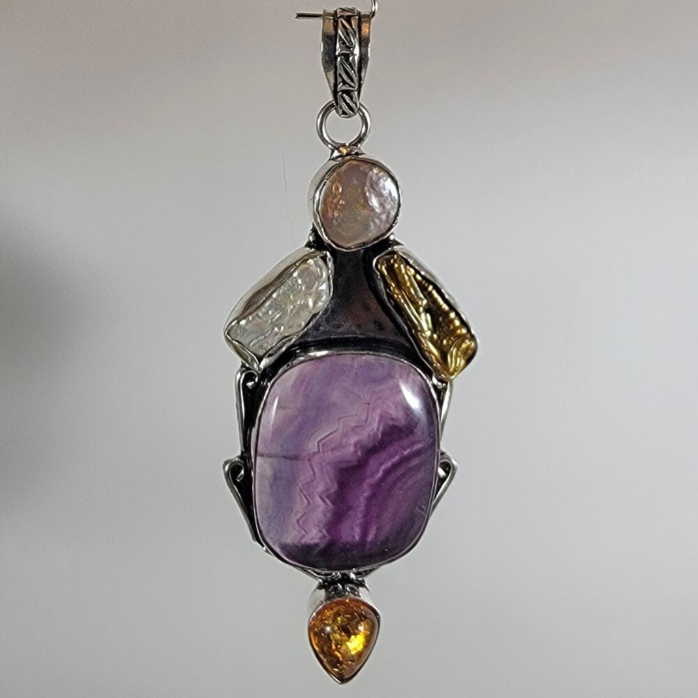 Handmade Silver Pendant with Purple Agate, Pearl & Citrine Boho Artisan Jewelry
